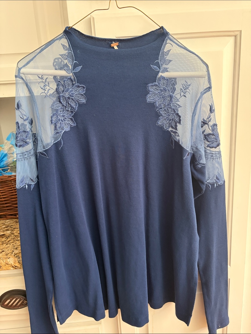 Free People Blue Embroidered Mesh Shoulder Knit Top